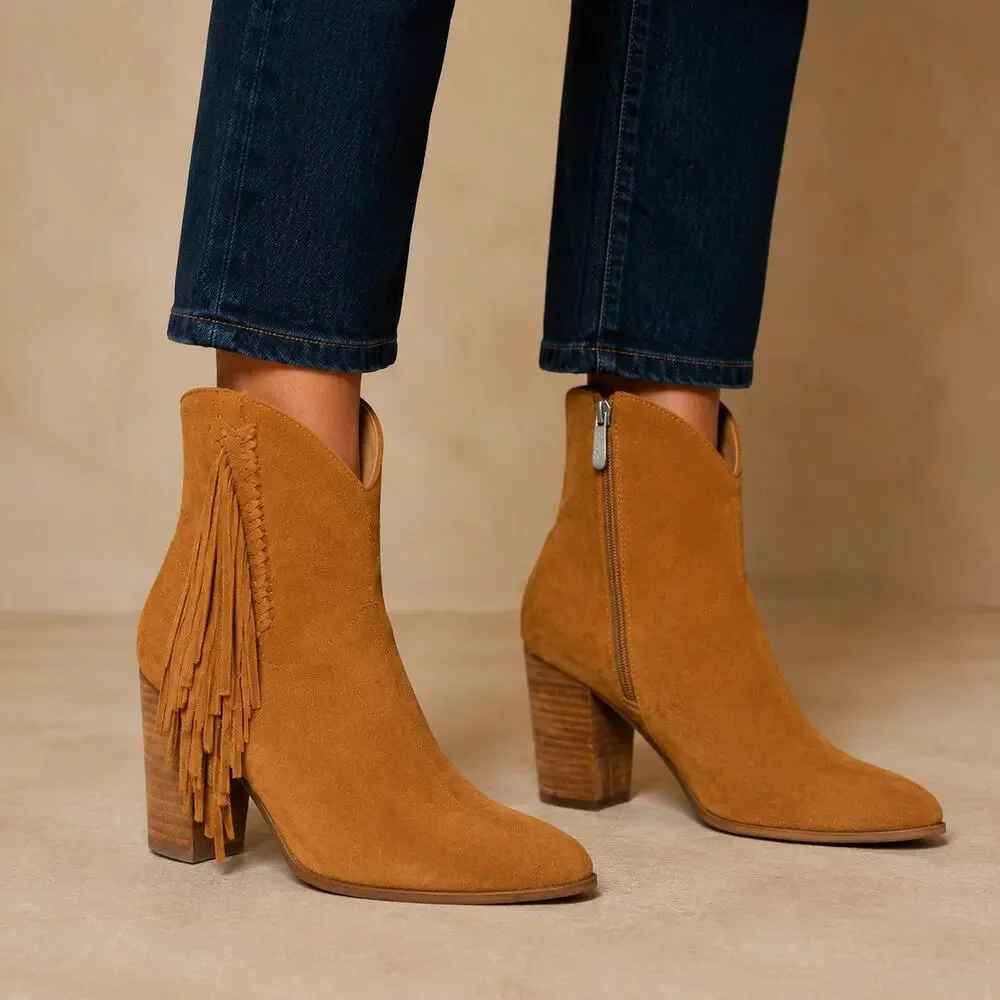Charles by Charles David Brown Suede Fringe Block Heel Booties Size 8M
